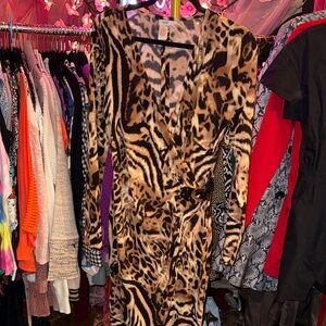 Cache Long Sleeve Animal Print Wrap Dress in Brown and Black